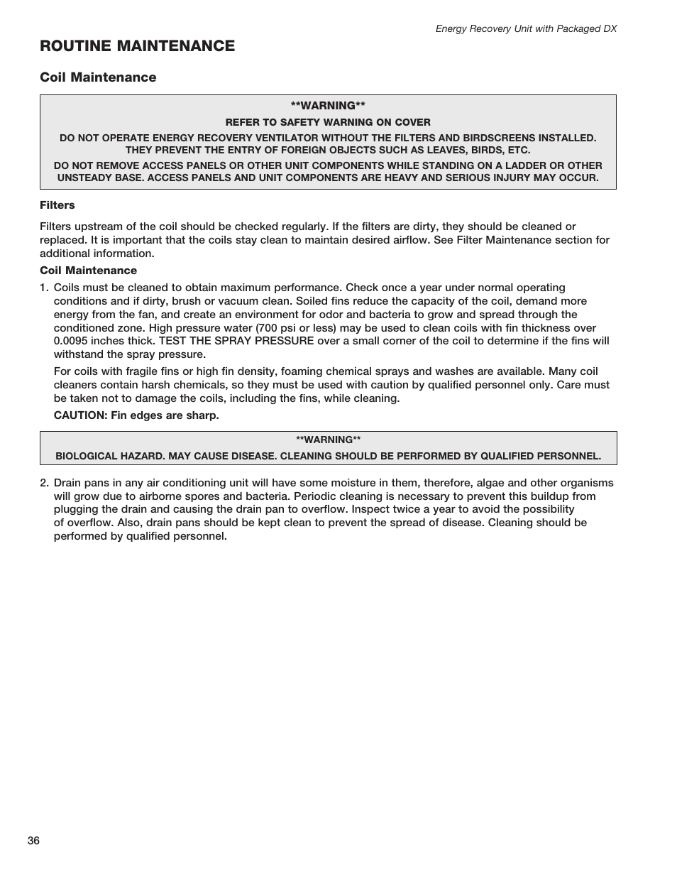 Routine maintenance | Greenheck ERCH - Energy Recovery Unit with Packaged DX (468151) User Manual | Page 36 / 52