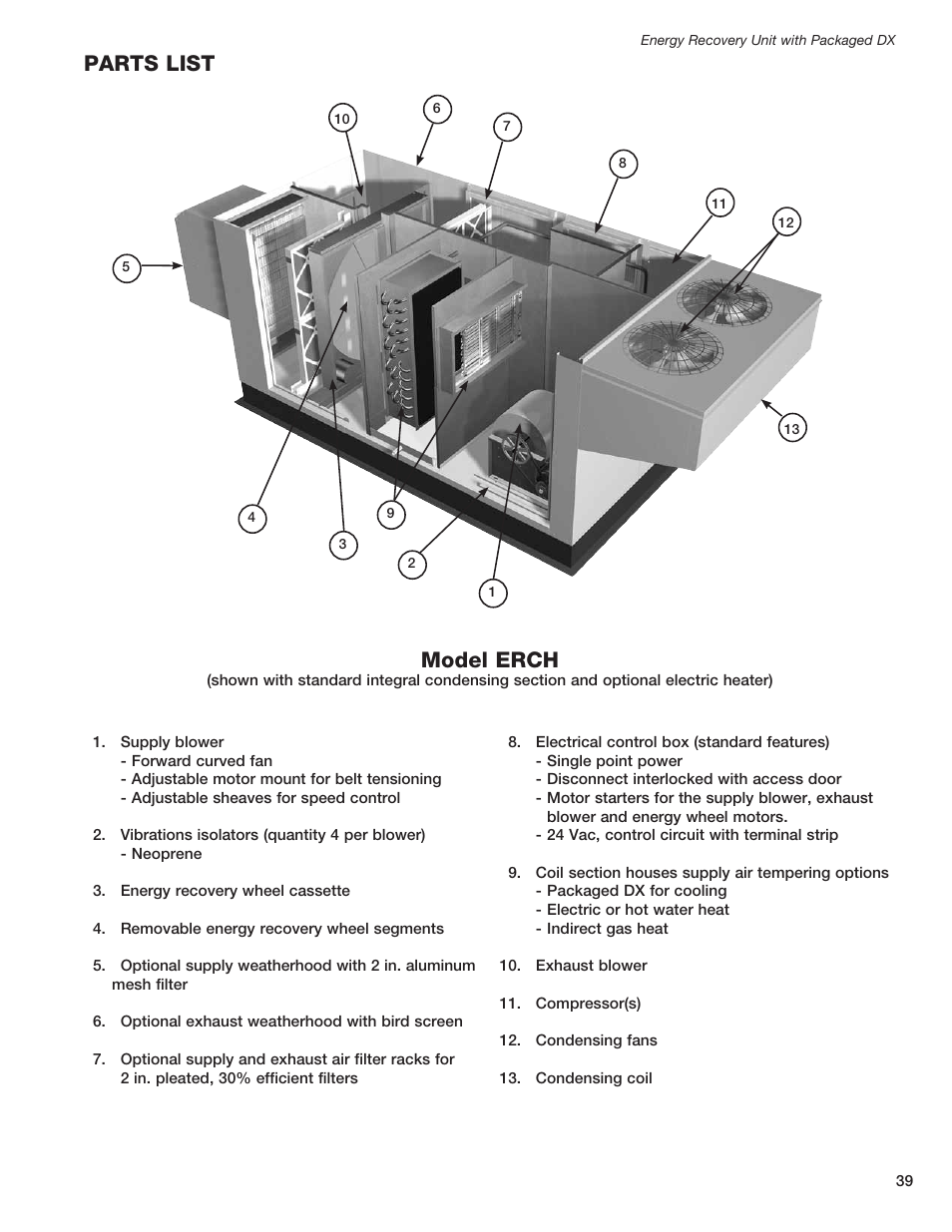 Parts list, Model erch | Greenheck ERCH - Energy Recovery Unit with Packaged DX (468151) User Manual | Page 39 / 52