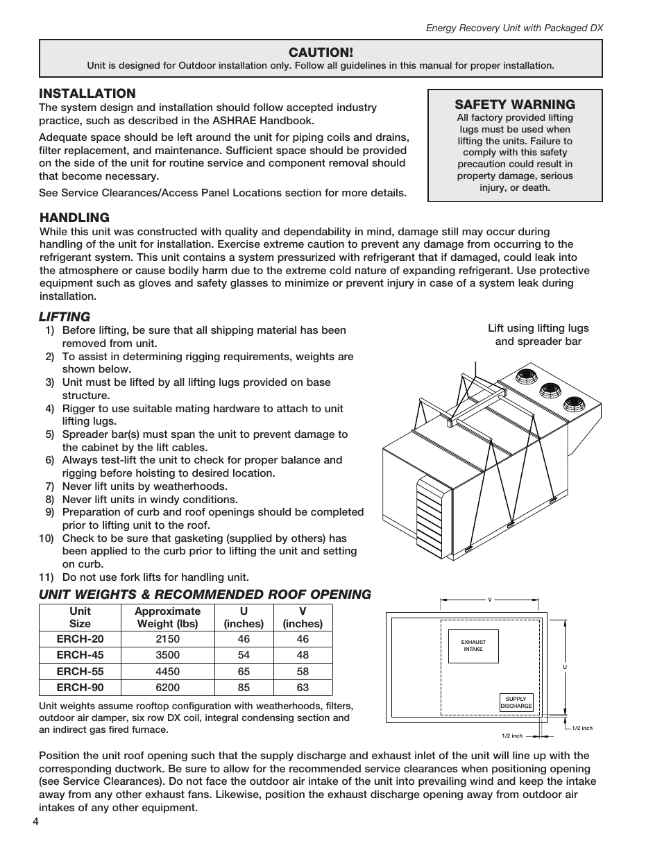 Installation, Lifting, Unit weights & recommended roof opening | Safety warning, Caution, Handling | Greenheck ERCH - Energy Recovery Unit with Packaged DX (468151) User Manual | Page 4 / 52
