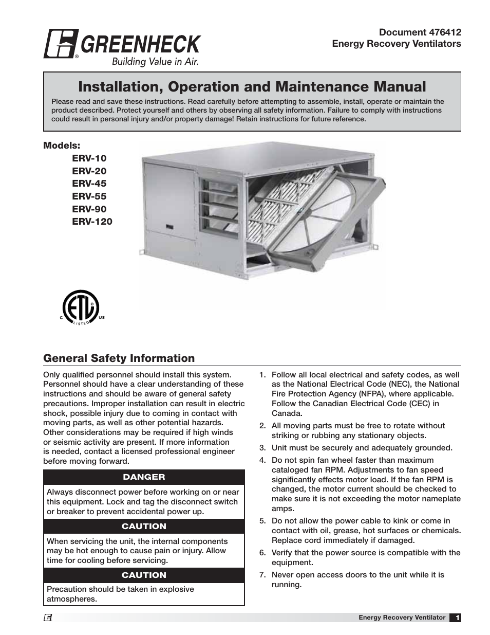 Greenheck ERV (476412) User Manual | 32 pages