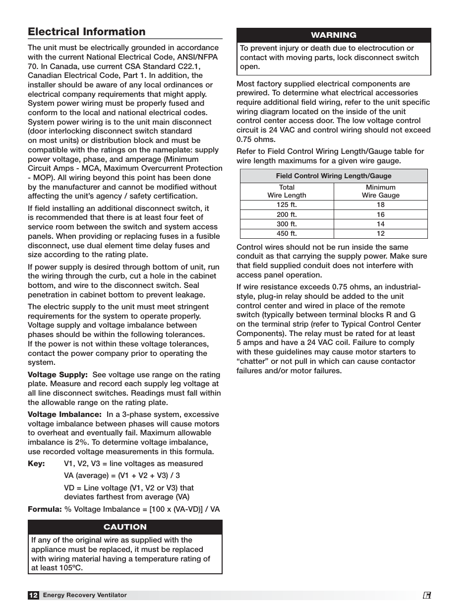 Electrical information | Greenheck ERV (476412) User Manual | Page 12 / 32