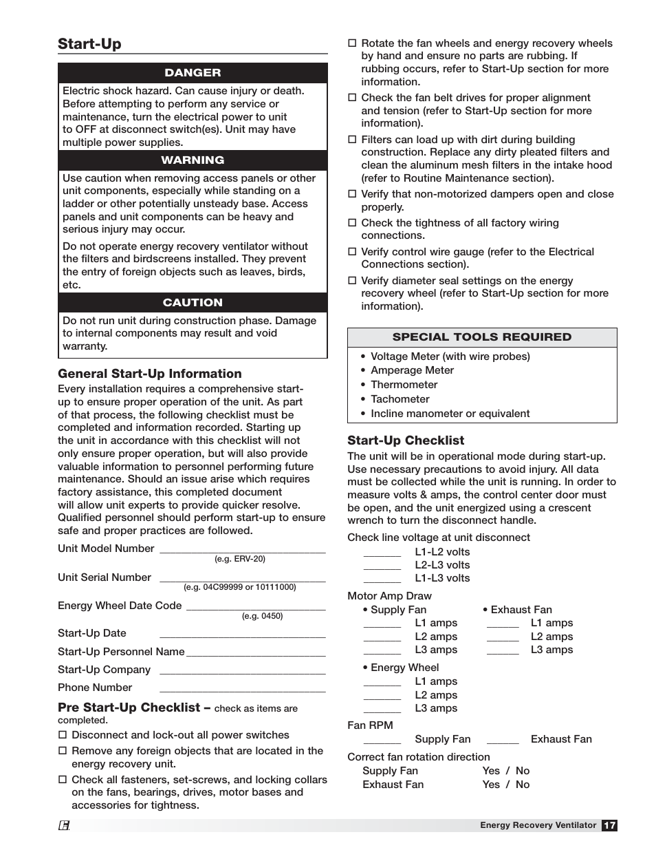 Start-up | Greenheck ERV (476412) User Manual | Page 17 / 32