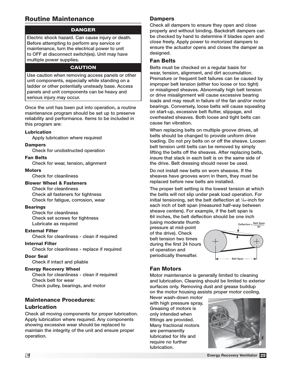 Routine maintenance, Dampers, Fan belts | Fan motors, Maintenance procedures: lubrication | Greenheck ERV (476412) User Manual | Page 25 / 32