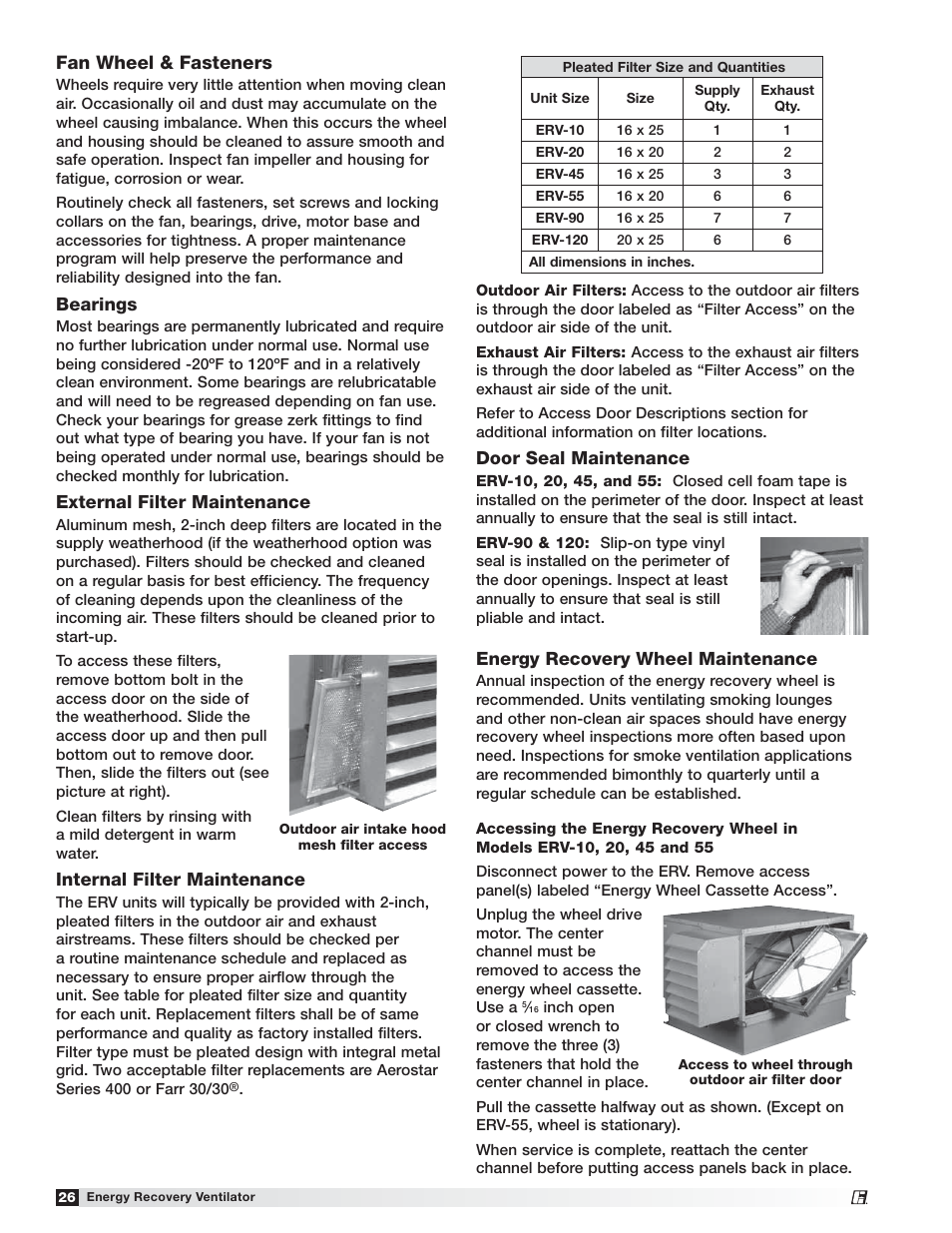 Fan wheel & fasteners, Bearings, External filter maintenance | Internal filter maintenance, Door seal maintenance, Energy recovery wheel maintenance | Greenheck ERV (476412) User Manual | Page 26 / 32