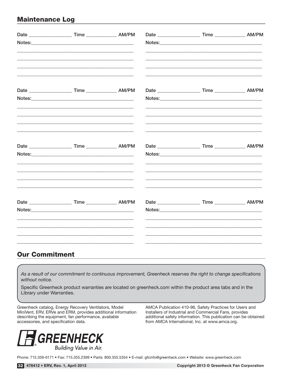 Our commitment, Maintenance log | Greenheck ERV (476412) User Manual | Page 32 / 32