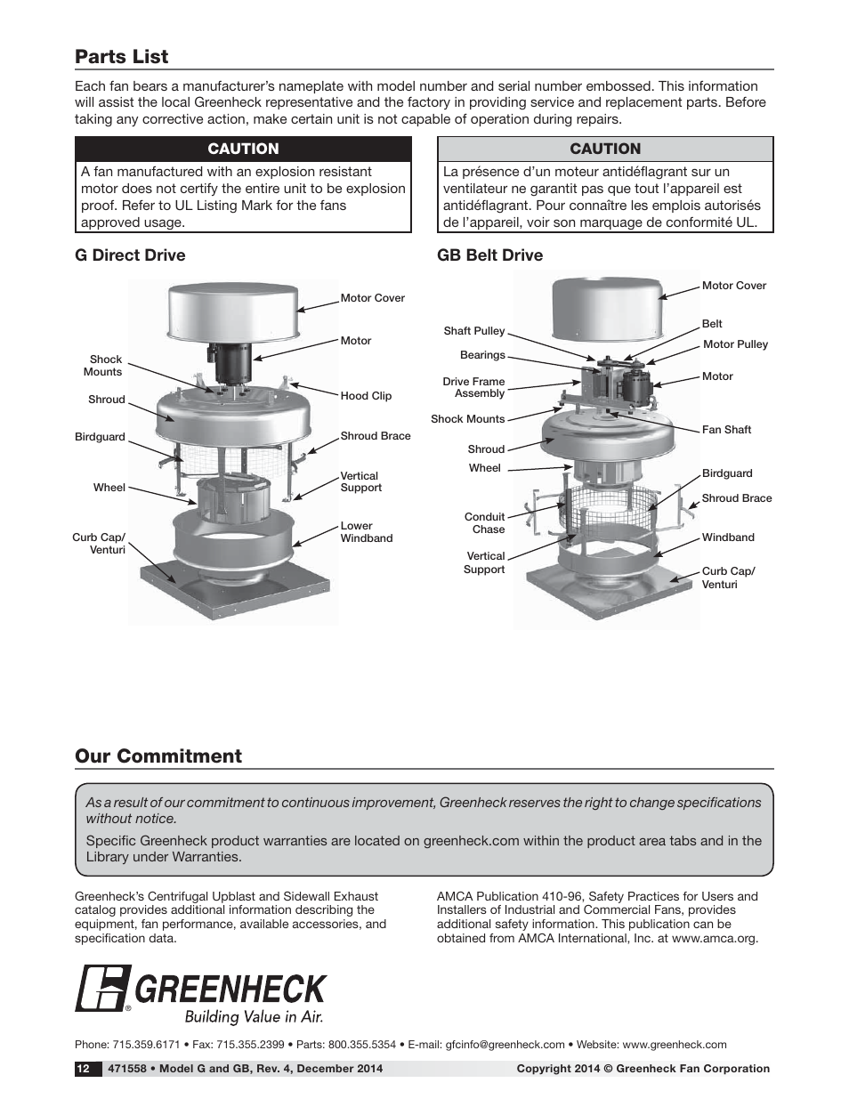 Our commitment, Parts list, G direct drive gb belt drive | Caution | Greenheck G/GB (471558) User Manual | Page 12 / 12