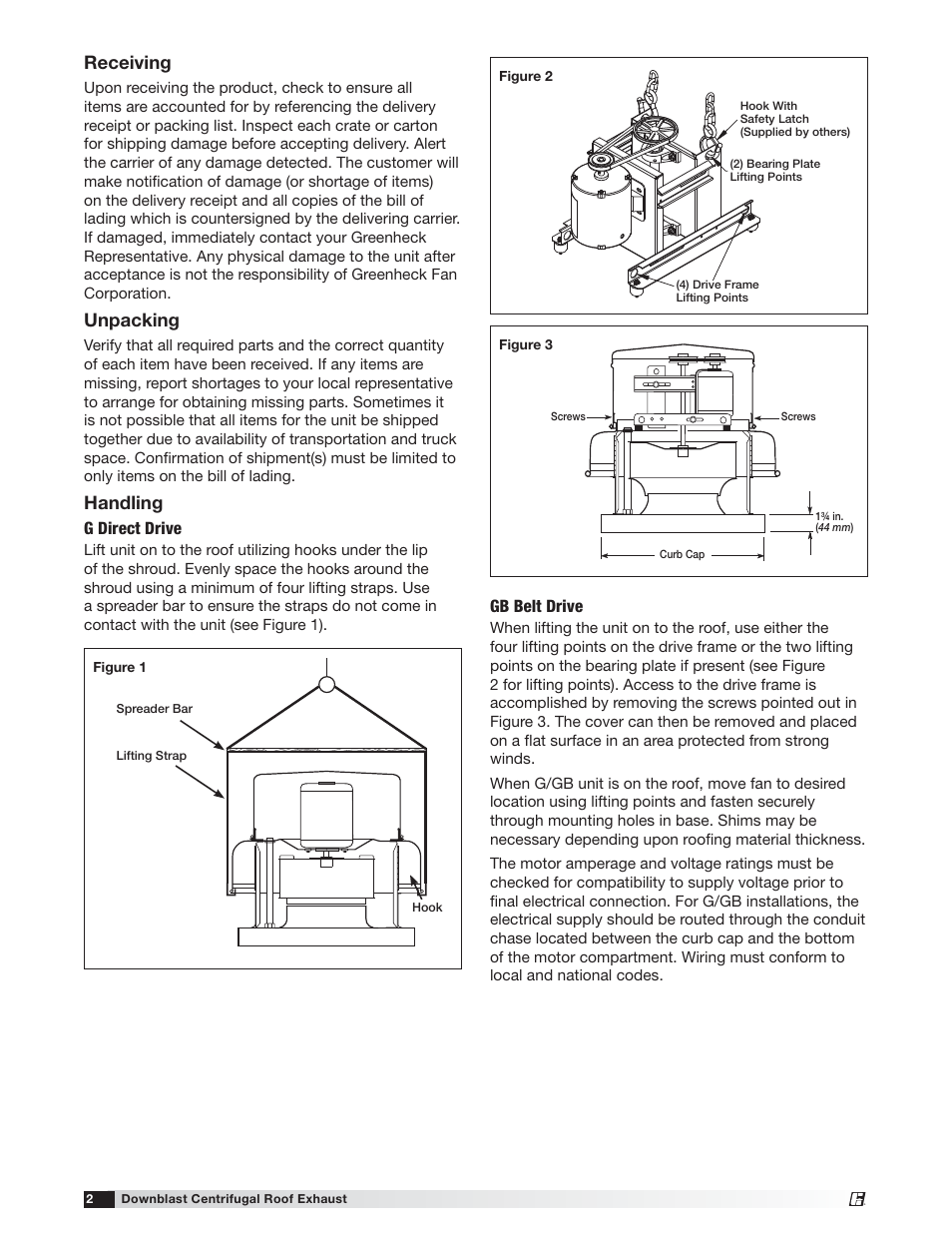 Receiving, Unpacking, Handling | G direct drive, Gb belt drive | Greenheck G/GB (471558) User Manual | Page 2 / 12