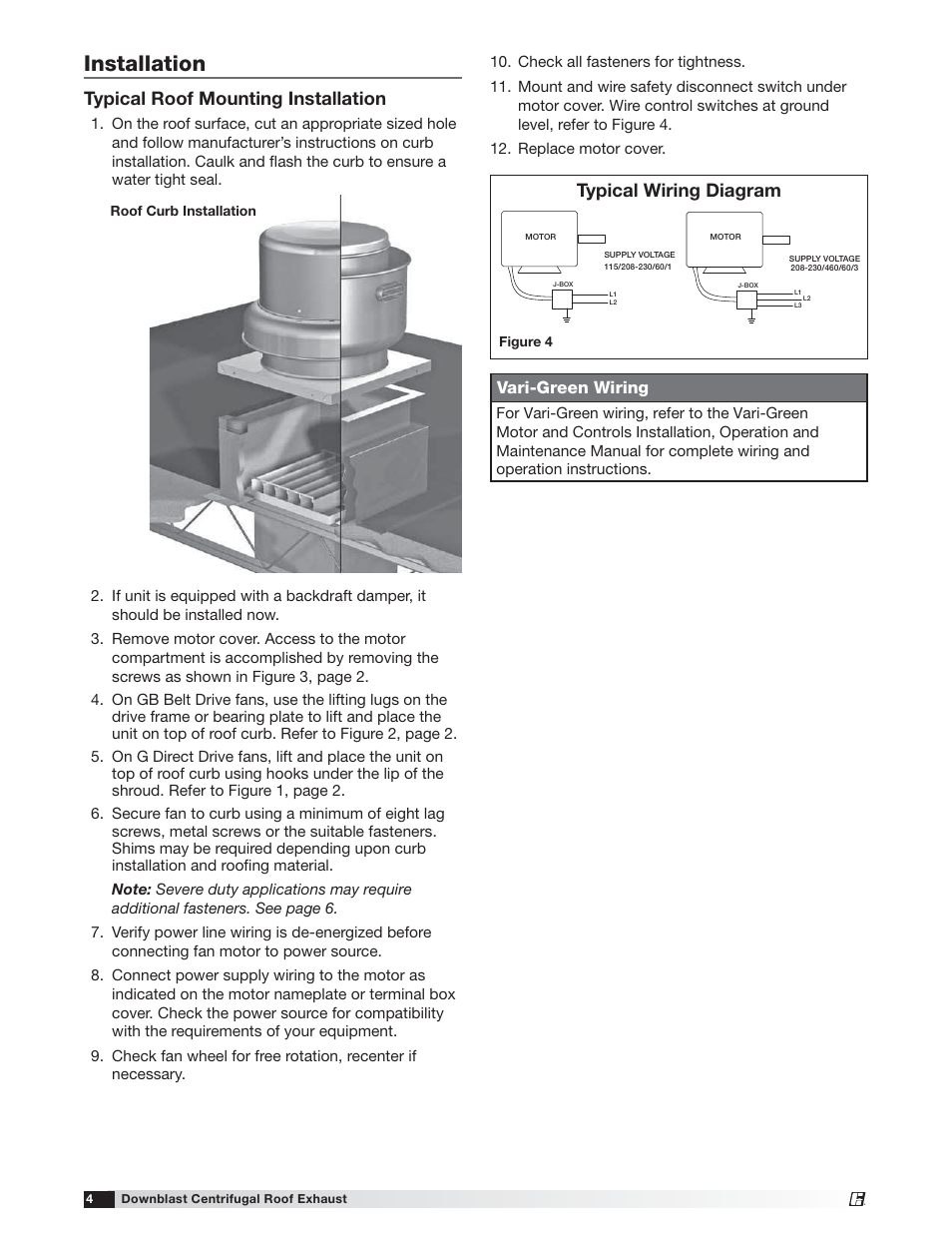 Installation, Typical roof mounting installation, Typical wiring diagram | Vari-green wiring | Greenheck G/GB (471558) User Manual | Page 4 / 12