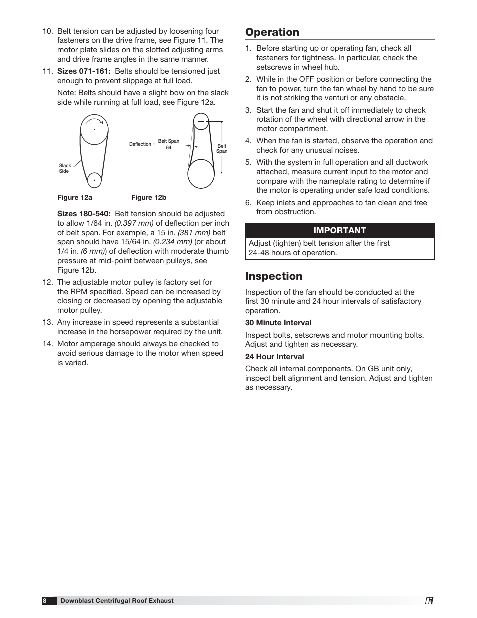 Operation, Inspection | Greenheck G/GB (471558) User Manual | Page 8 / 12