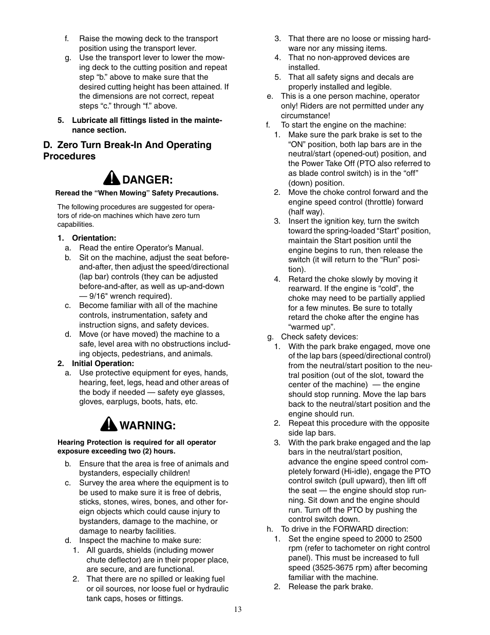 Danger, Warning | Cub Cadet Hydrostatic Zero-Turn Commercial Riding Mower Professional Turf Equipment User Manual | Page 13 / 32