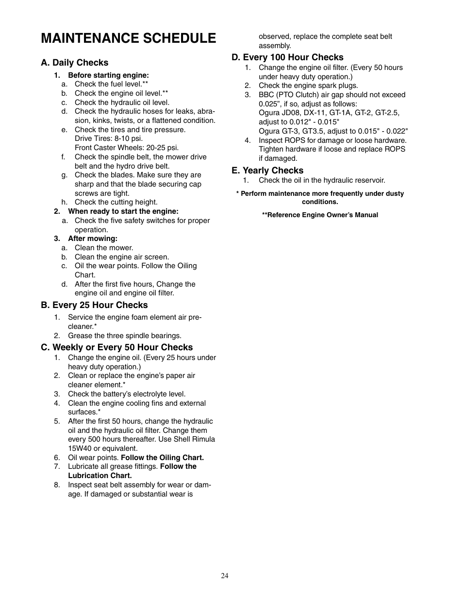 Maintenance schedule | Cub Cadet Hydrostatic Zero-Turn Commercial Riding Mower Professional Turf Equipment User Manual | Page 24 / 32