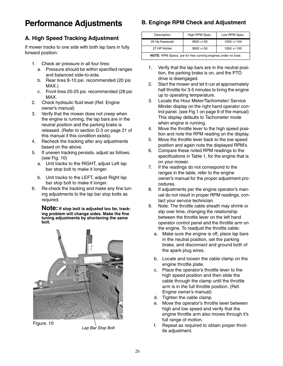 Performance adjustments, A. high speed tracking adjustment, B. enginge rpm check and adjustment | Cub Cadet Hydrostatic Zero-Turn Commercial Riding Mower Professional Turf Equipment User Manual | Page 26 / 32