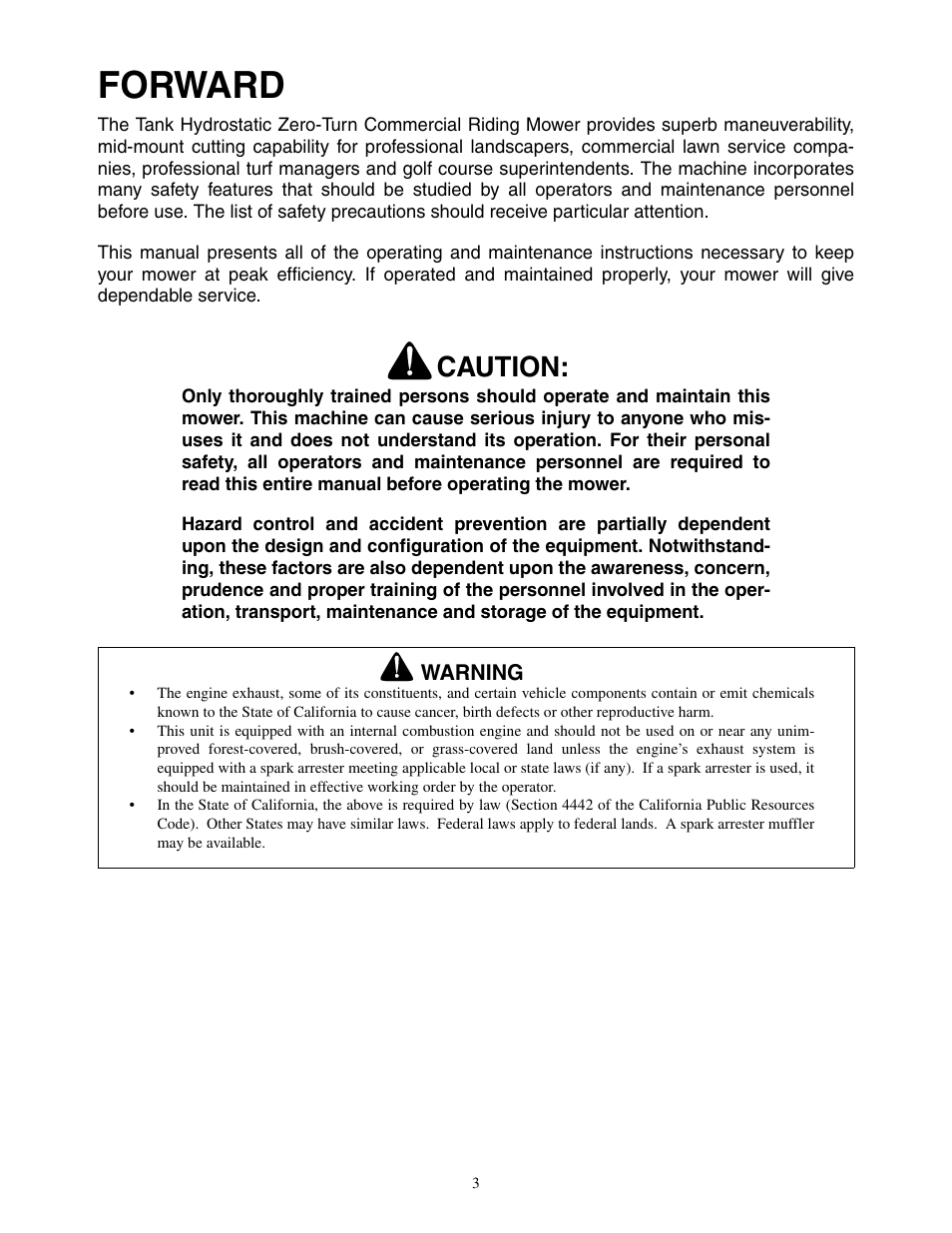 Forward, Caution | Cub Cadet Hydrostatic Zero-Turn Commercial Riding Mower Professional Turf Equipment User Manual | Page 3 / 32