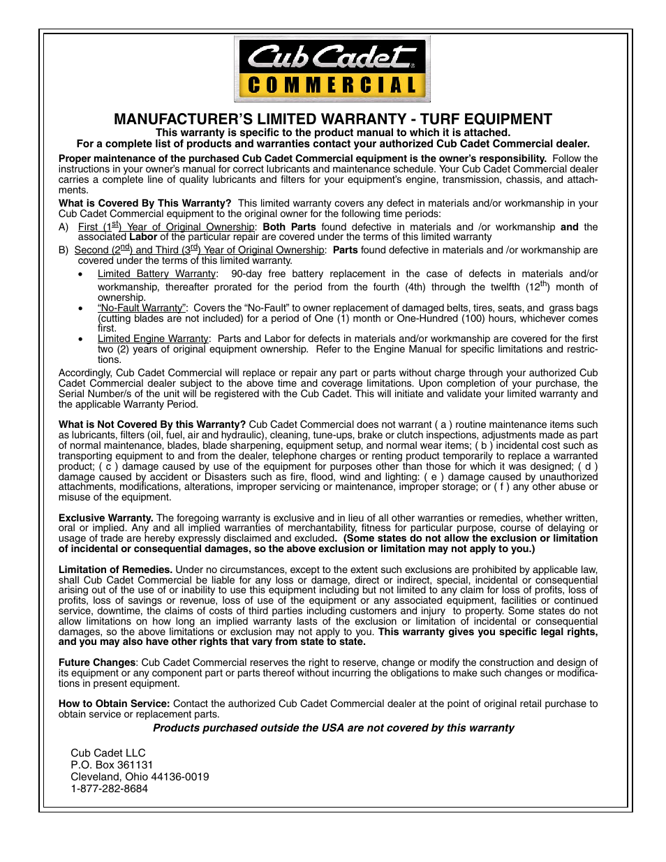 Manufacturer’s limited warranty - turf equipment | Cub Cadet Hydrostatic Zero-Turn Commercial Riding Mower Professional Turf Equipment User Manual | Page 32 / 32