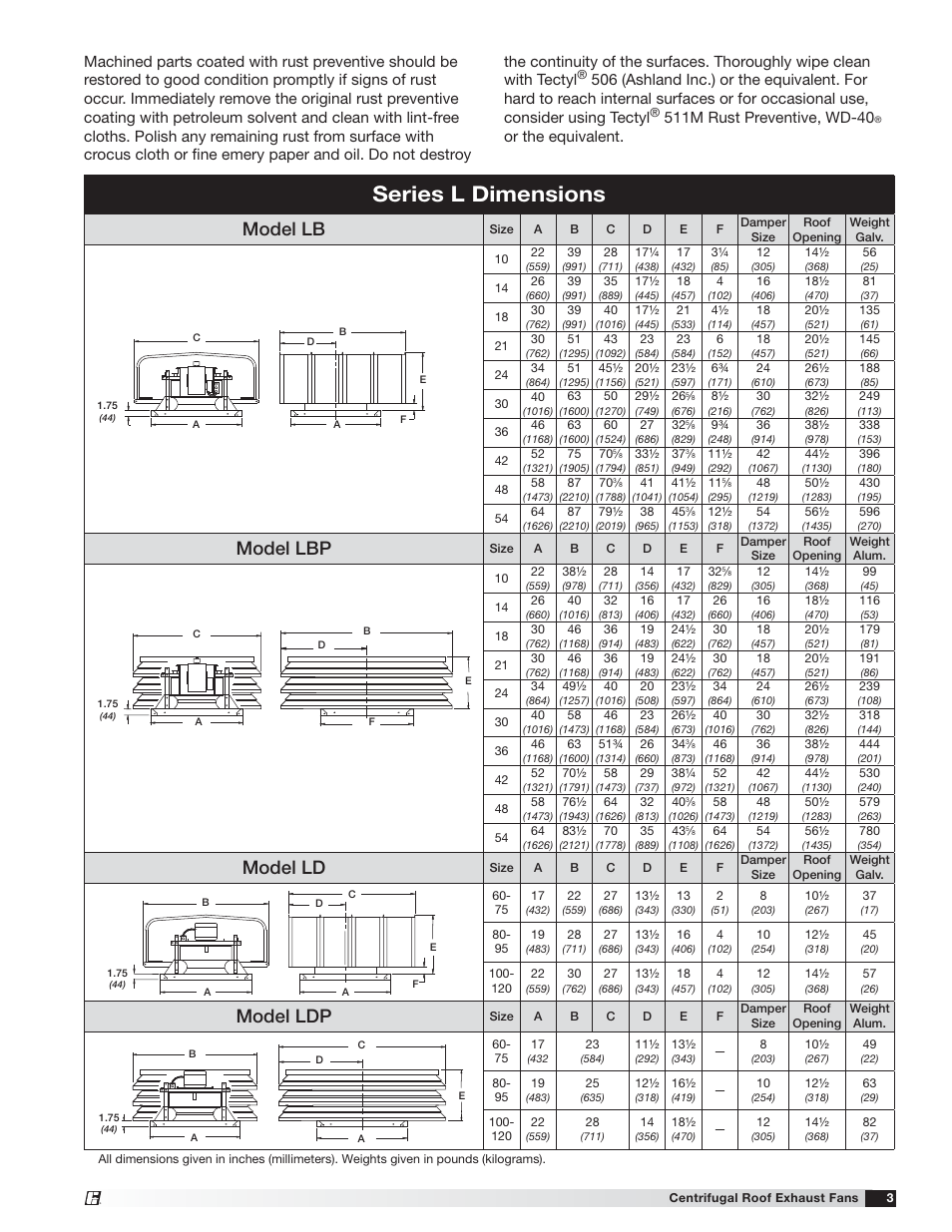 Series l dimensions, Model lb, Model lbp | Model ld, Model ldp, Or the equivalent | Greenheck LD/LDP/LB/LBP (453283) User Manual | Page 3 / 8