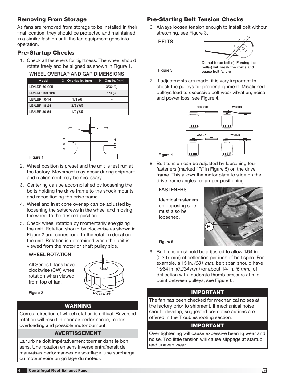 Removing from storage, Pre-startup checks, Pre-starting belt tension checks | Warning, Avertissement, Important | Greenheck LD/LDP/LB/LBP (453283) User Manual | Page 4 / 8