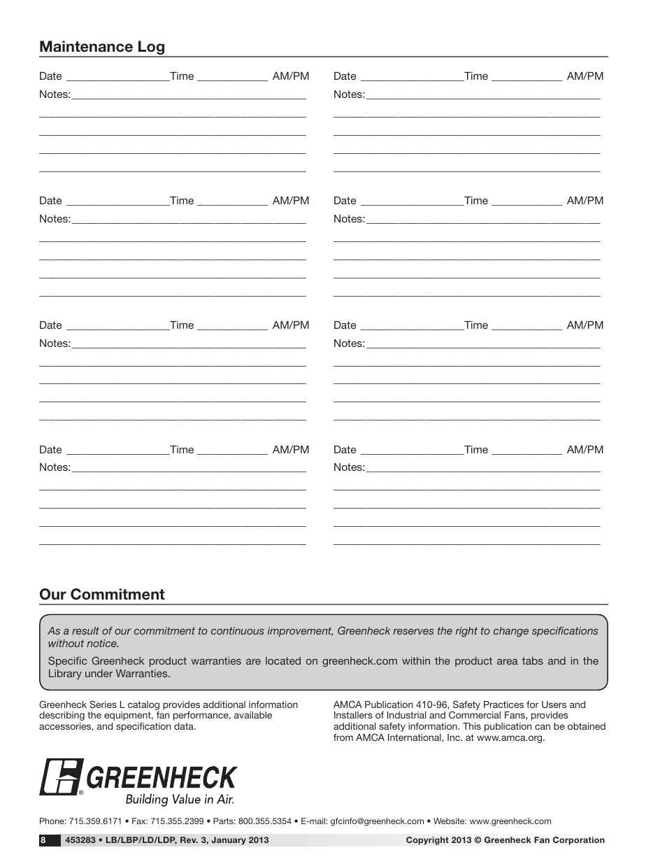 Our commitment, Maintenance log | Greenheck LD/LDP/LB/LBP (453283) User Manual | Page 8 / 8