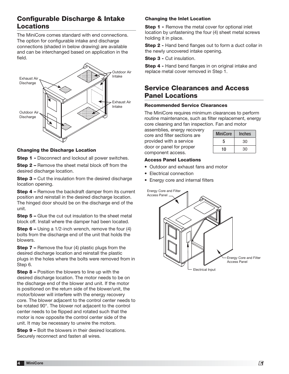 Service clearances and access panel locations, Conﬁgurable discharge & intake locations | Greenheck MiniCore (479677) User Manual | Page 4 / 12