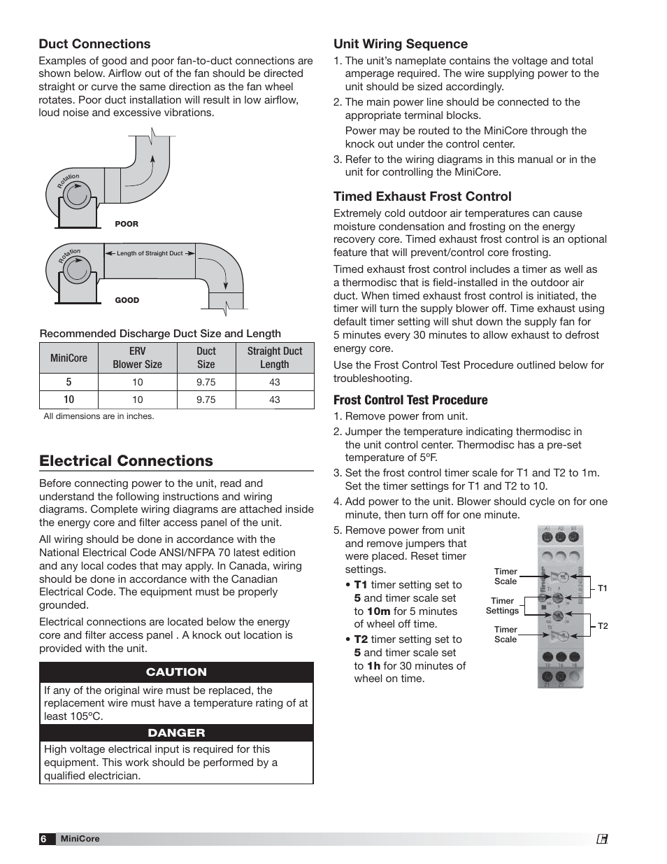 Electrical connections, Unit wiring sequence, Timed exhaust frost control | Frost control test procedure, Duct connections | Greenheck MiniCore (479677) User Manual | Page 6 / 12