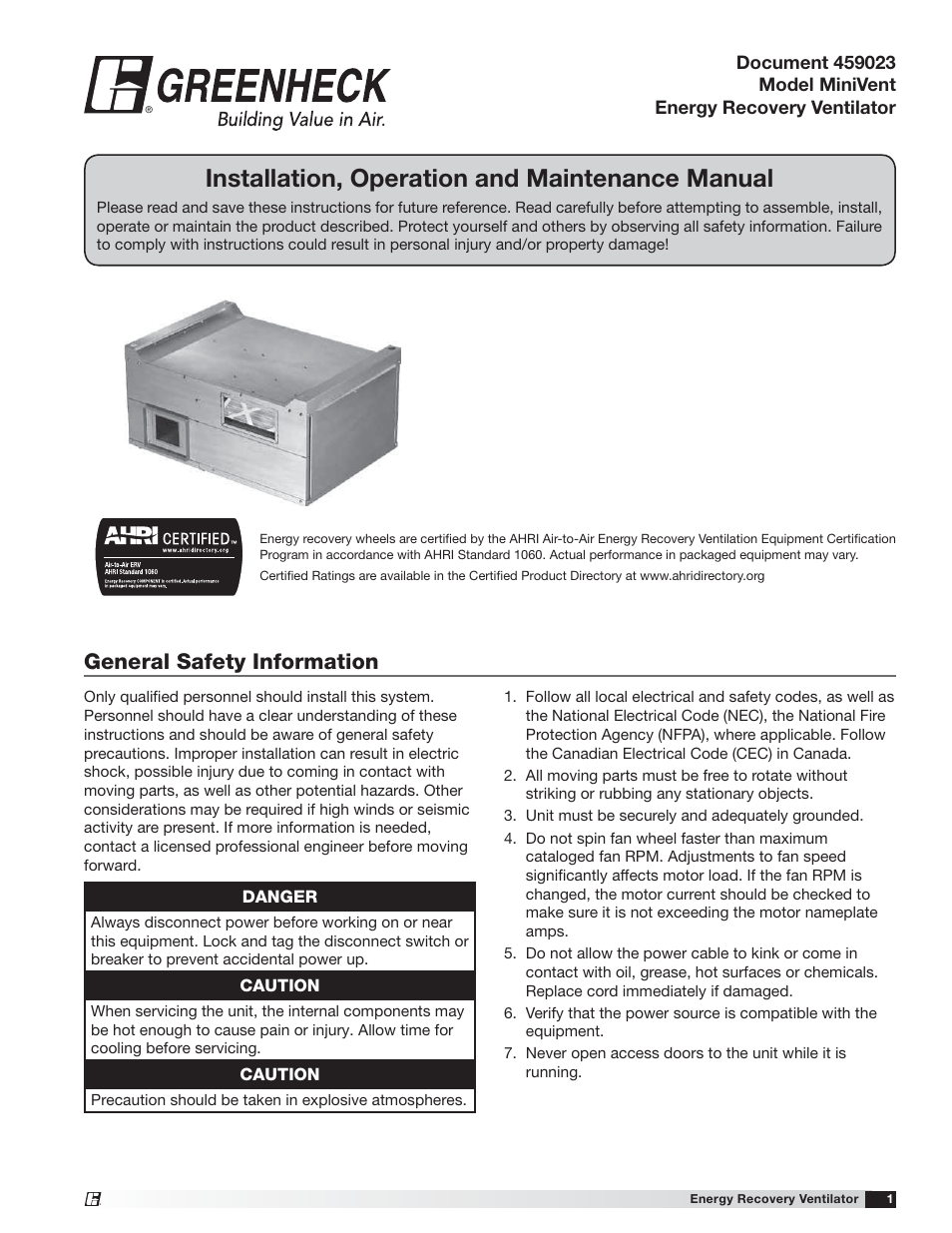 Greenheck MiniVent (459023) User Manual | 16 pages