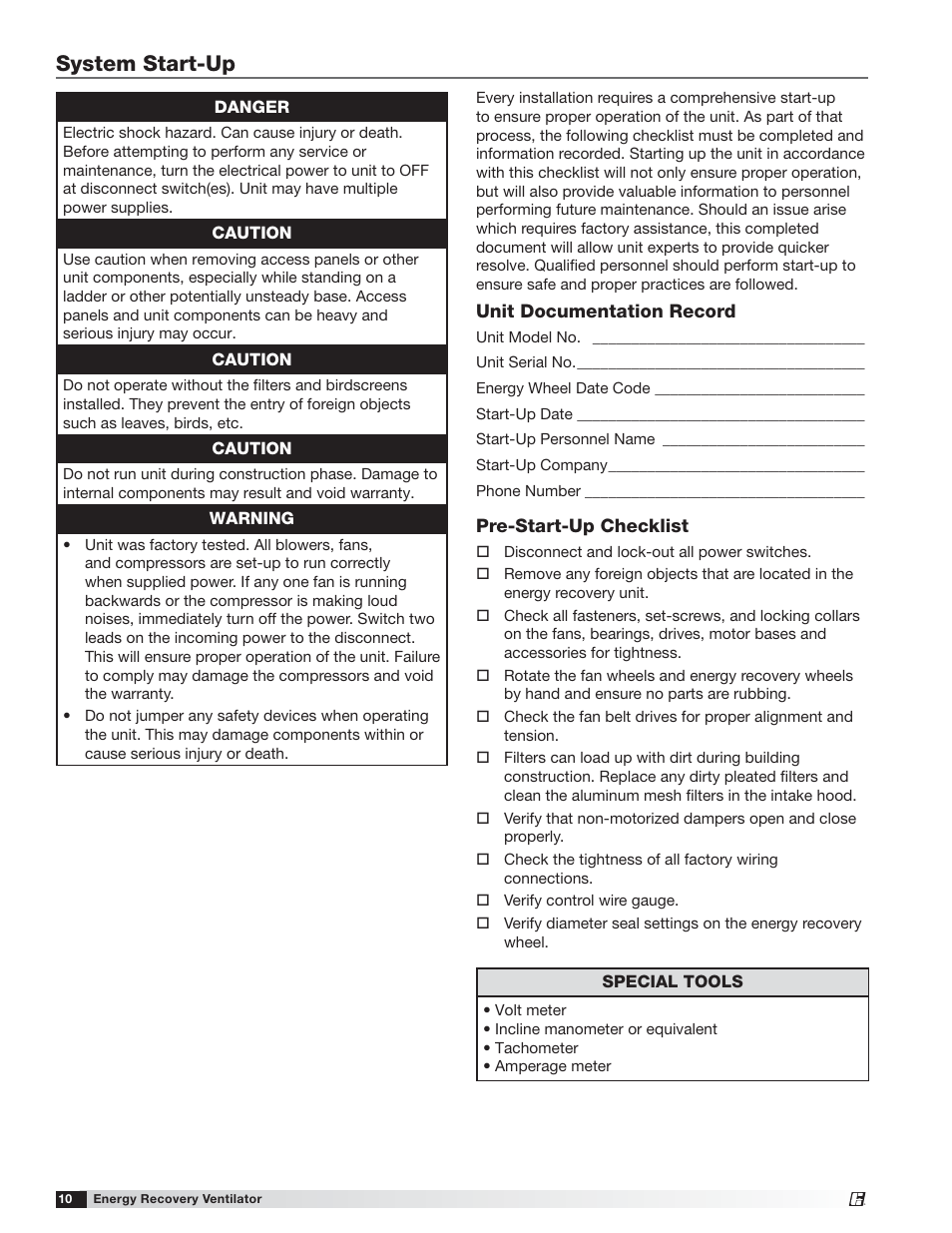 System start-up | Greenheck MiniVent (459023) User Manual | Page 10 / 16