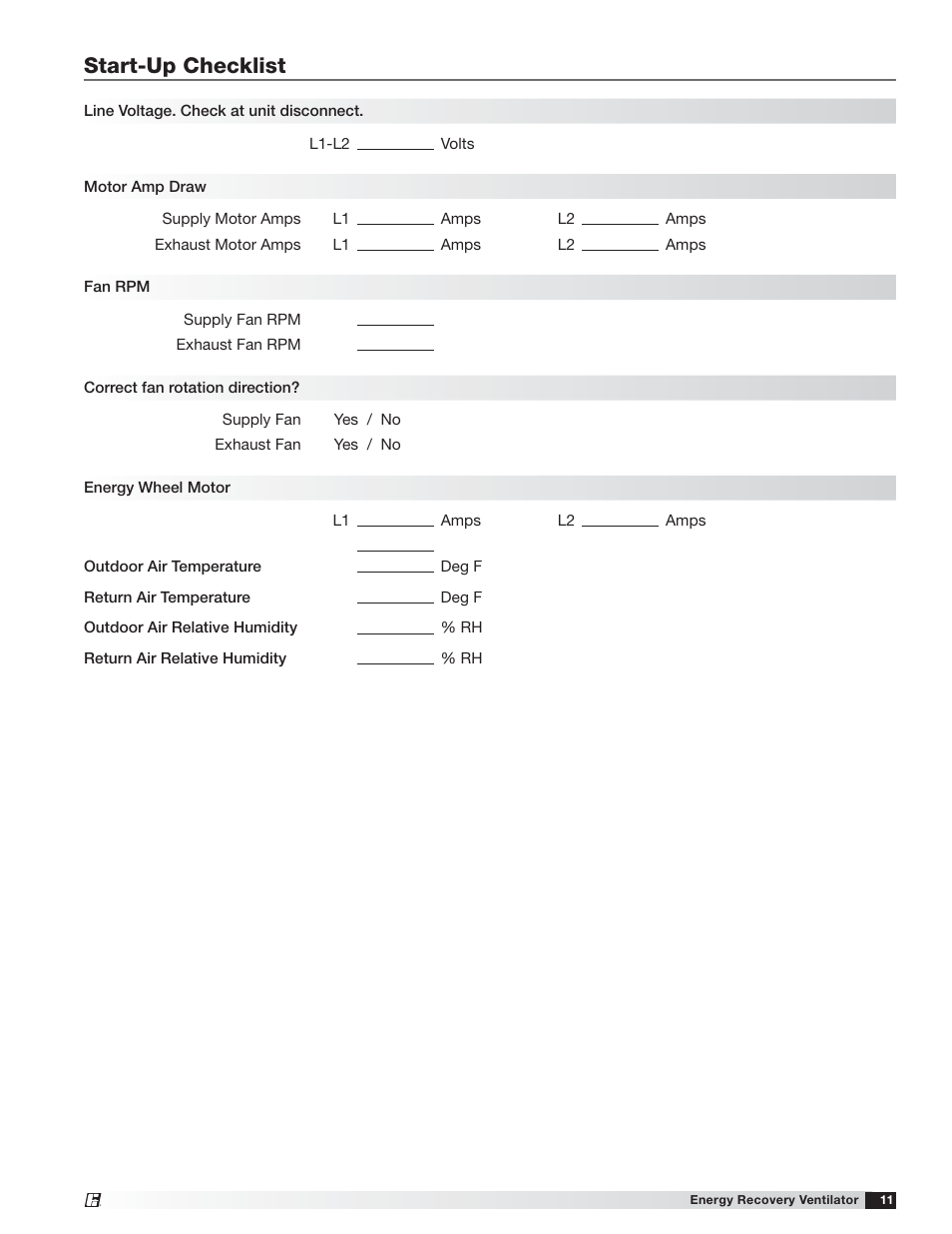Start-up checklist | Greenheck MiniVent (459023) User Manual | Page 11 / 16