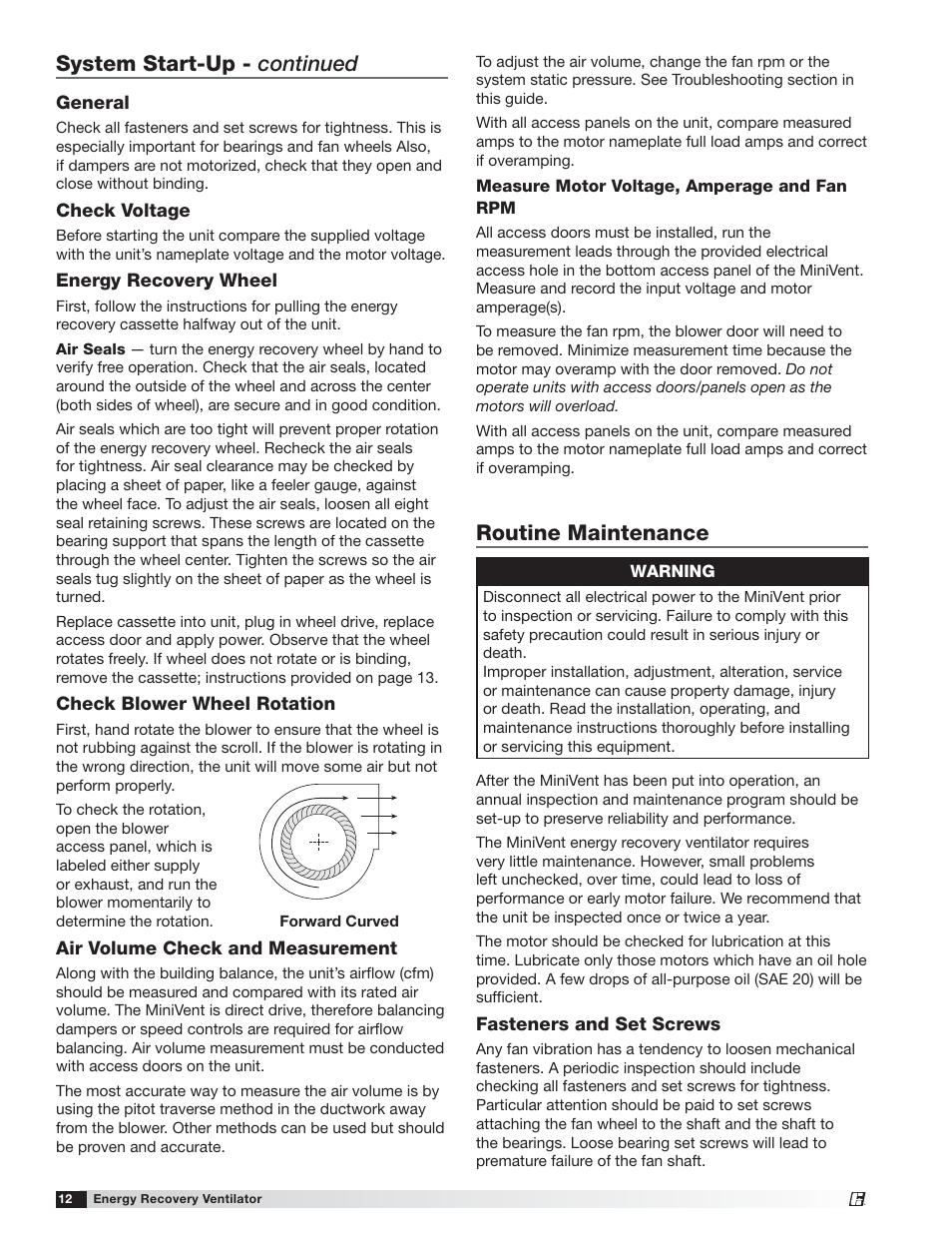 System start-up - continued, Routine maintenance, General | Check voltage, Energy recovery wheel, Check blower wheel rotation, Air volume check and measurement, Fasteners and set screws | Greenheck MiniVent (459023) User Manual | Page 12 / 16