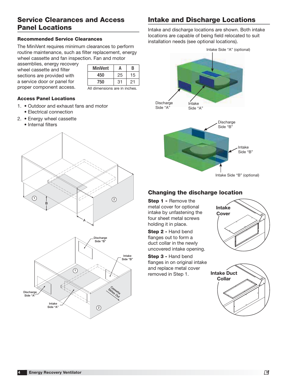 Intake and discharge locations, Service clearances and access panel locations, Changing the discharge location | Greenheck MiniVent (459023) User Manual | Page 4 / 16