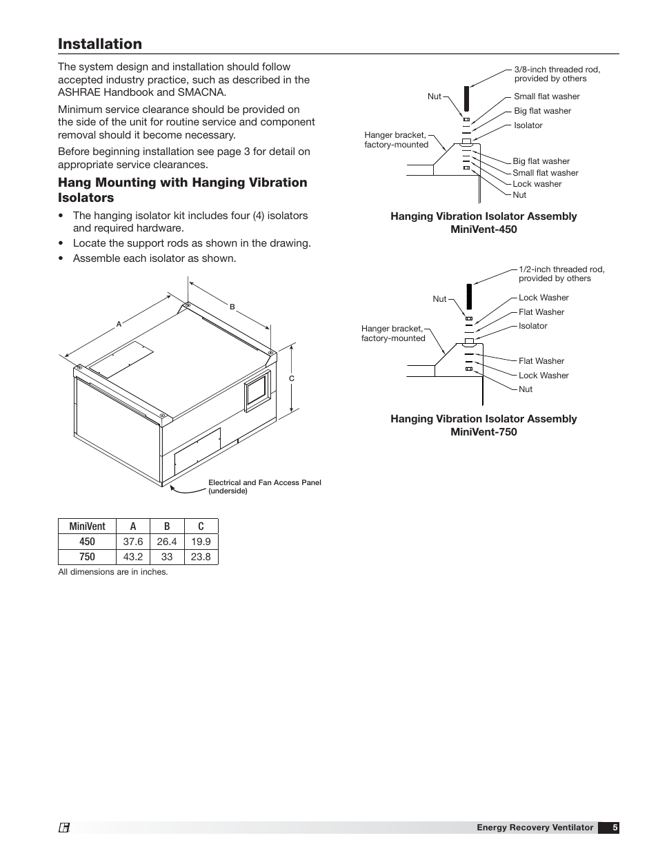 Installation, Hang mounting with hanging vibration isolators | Greenheck MiniVent (459023) User Manual | Page 5 / 16