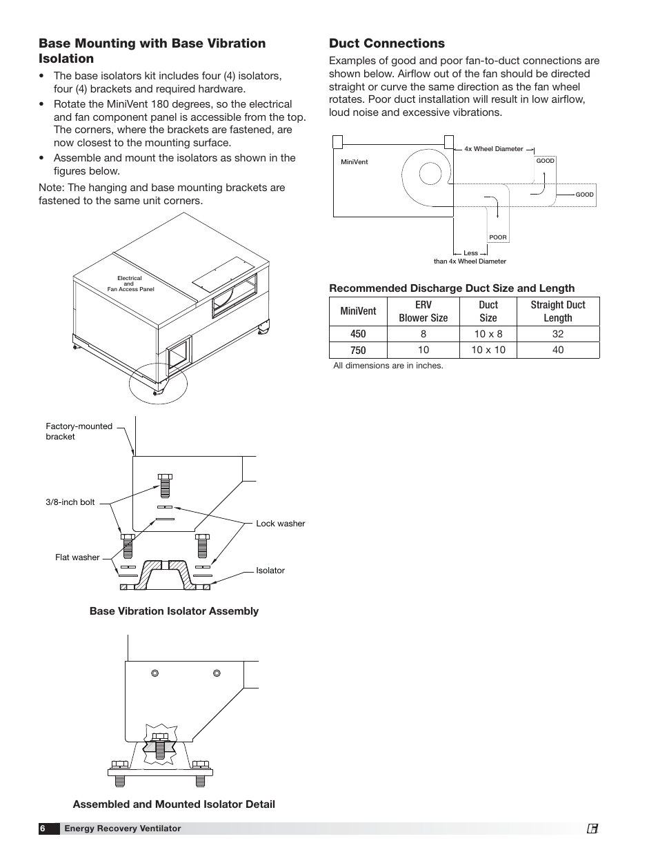 Duct connections, Base mounting with base vibration isolation | Greenheck MiniVent (459023) User Manual | Page 6 / 16