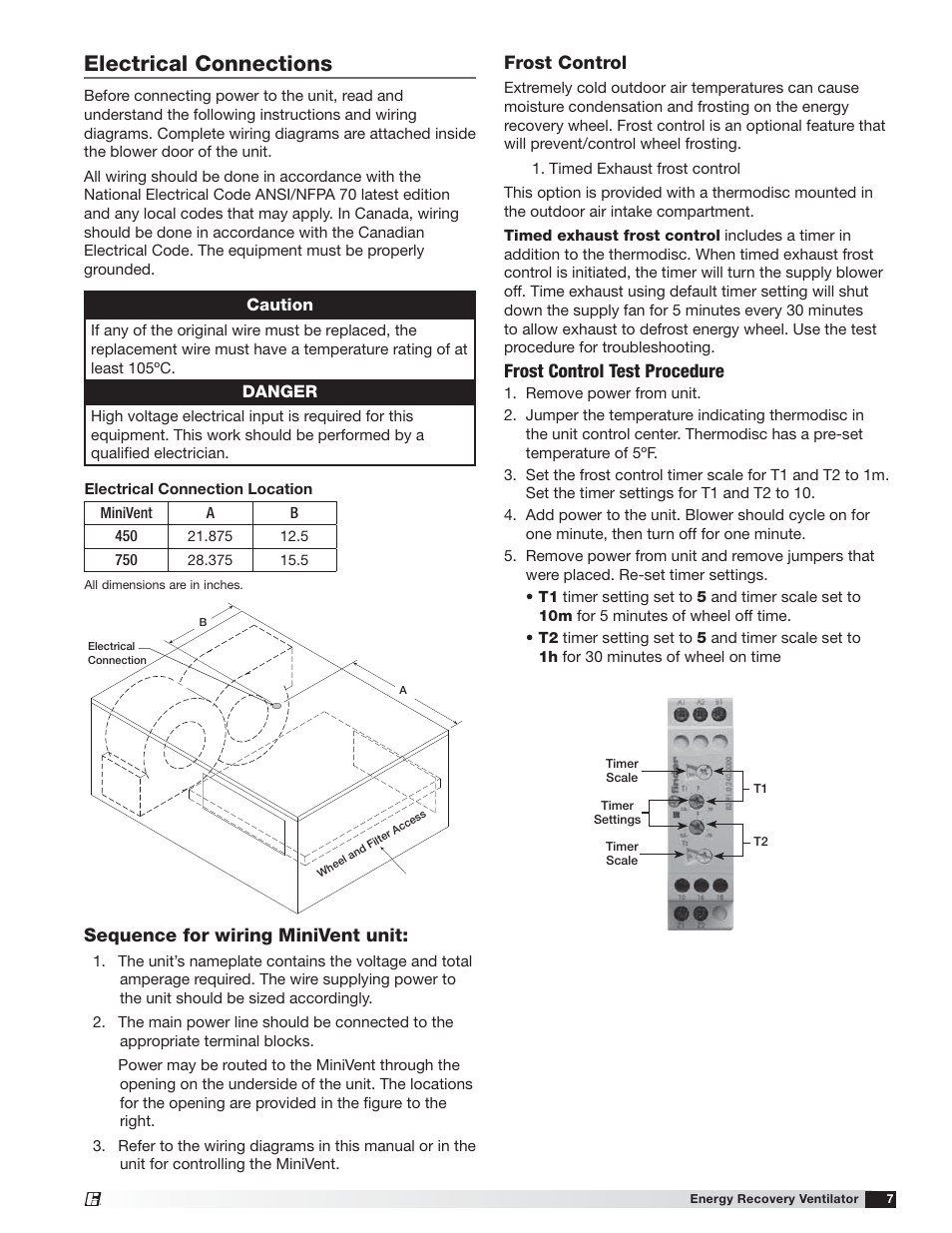 Electrical connections, Sequence for wiring minivent unit, Frost control | Frost control test procedure | Greenheck MiniVent (459023) User Manual | Page 7 / 16