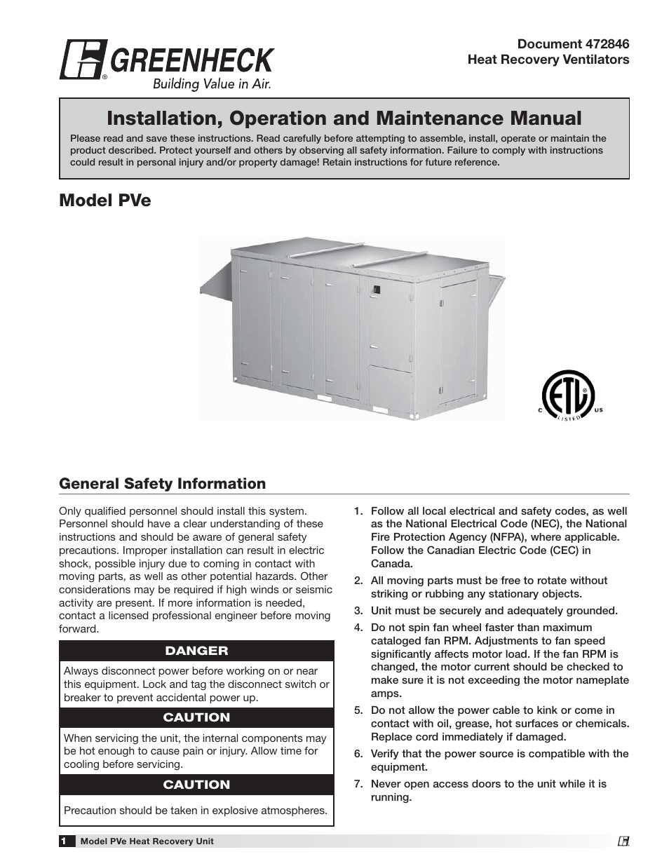 Greenheck PVe (472846) User Manual | 24 pages