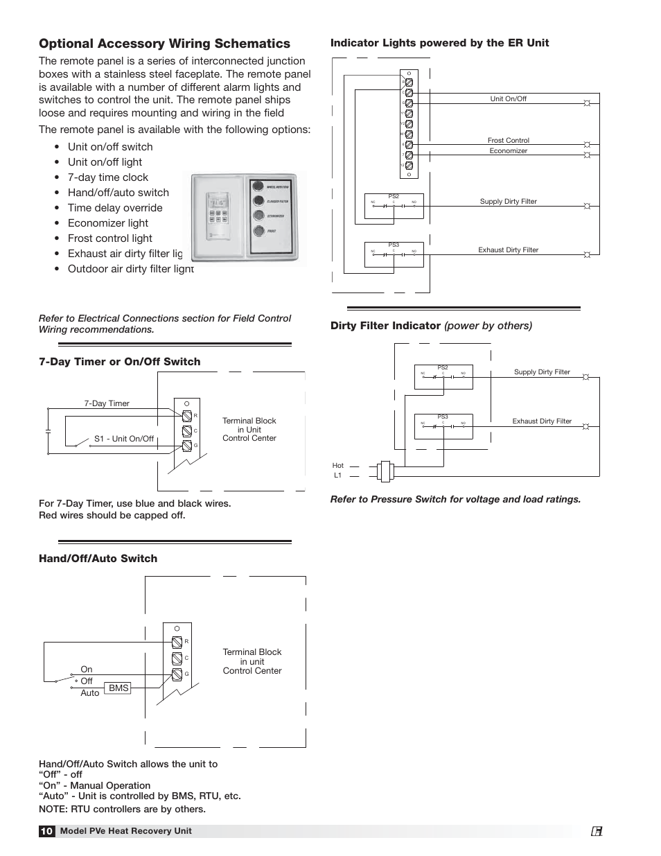 Optional accessory wiring schematics, Day timer or on/off switch, Hand/off/auto switch | Greenheck PVe (472846) User Manual | Page 10 / 24