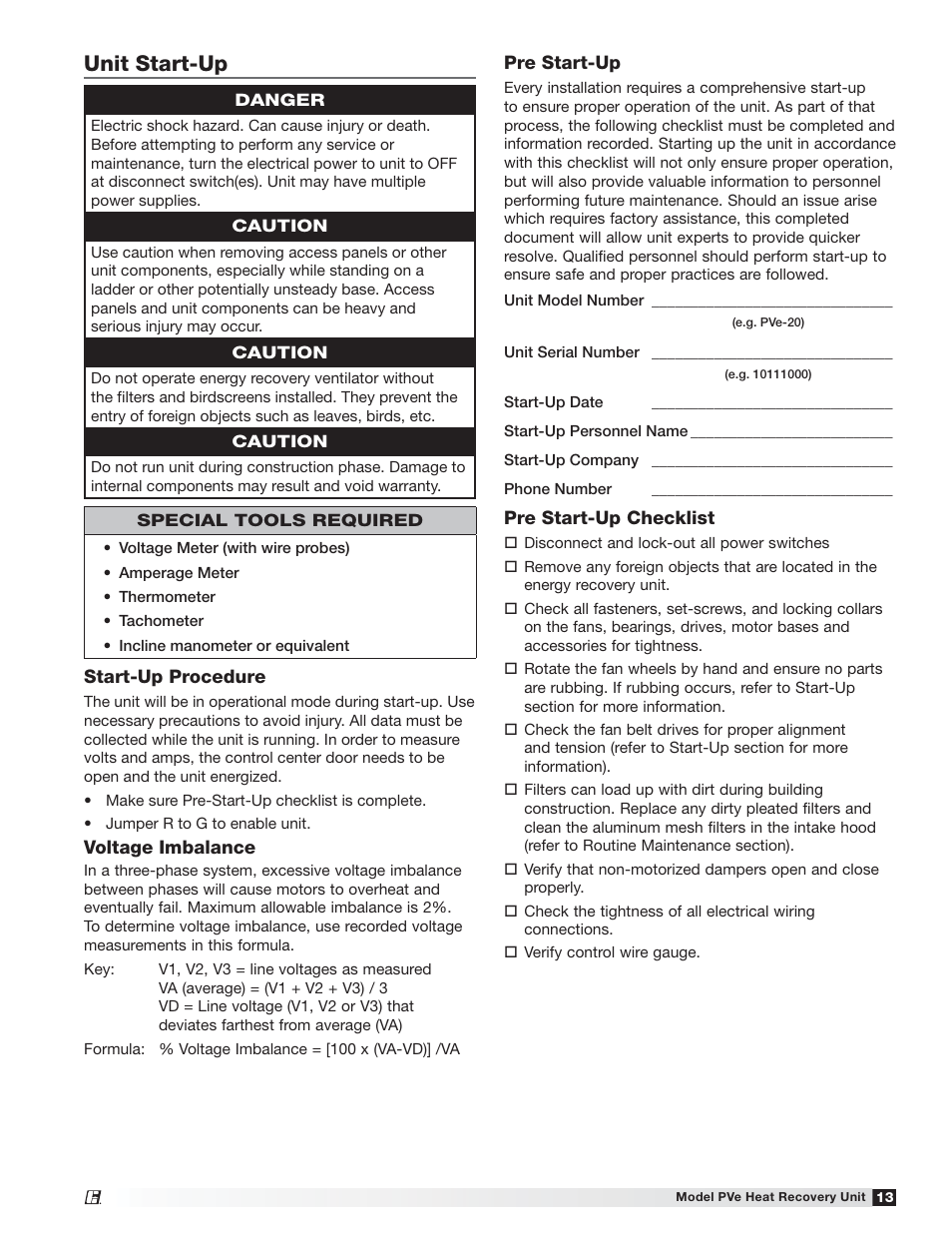 Unit start-up | Greenheck PVe (472846) User Manual | Page 13 / 24