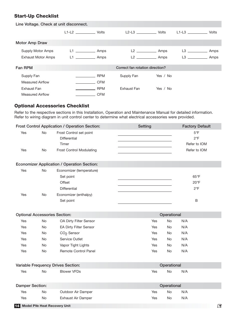 Start-up checklist, Optional accessories checklist | Greenheck PVe (472846) User Manual | Page 14 / 24