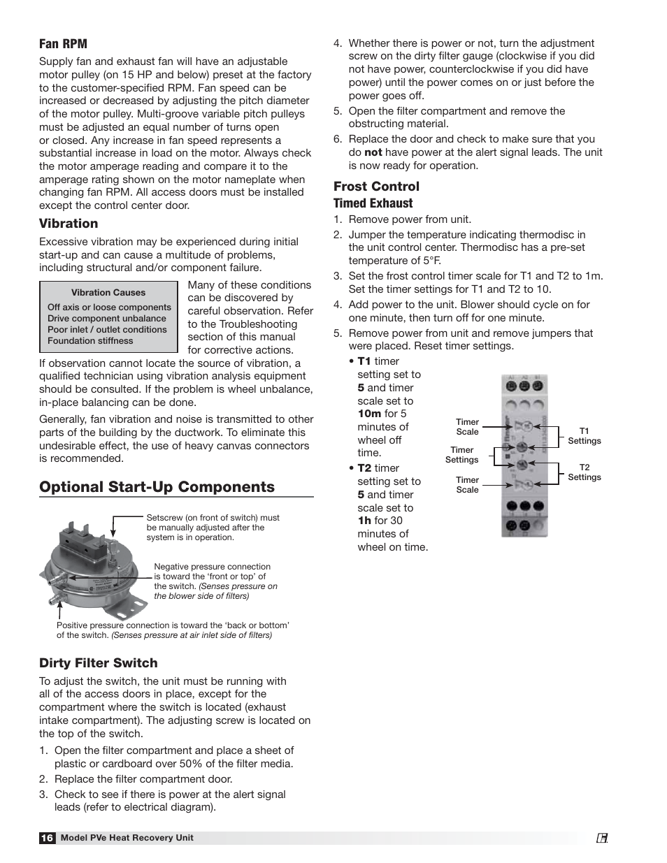 Optional start-up components, Fan rpm, Vibration | Dirty filter switch, Frost control timed exhaust | Greenheck PVe (472846) User Manual | Page 16 / 24