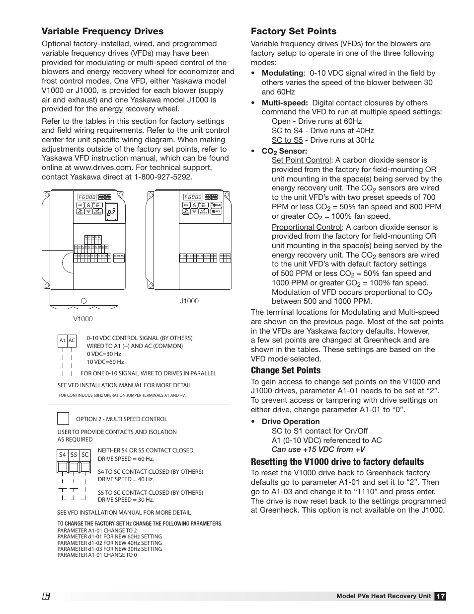 Variable frequency drives, Factory set points, Change set points | Resetting the v1000 drive to factory defaults | Greenheck PVe (472846) User Manual | Page 17 / 24