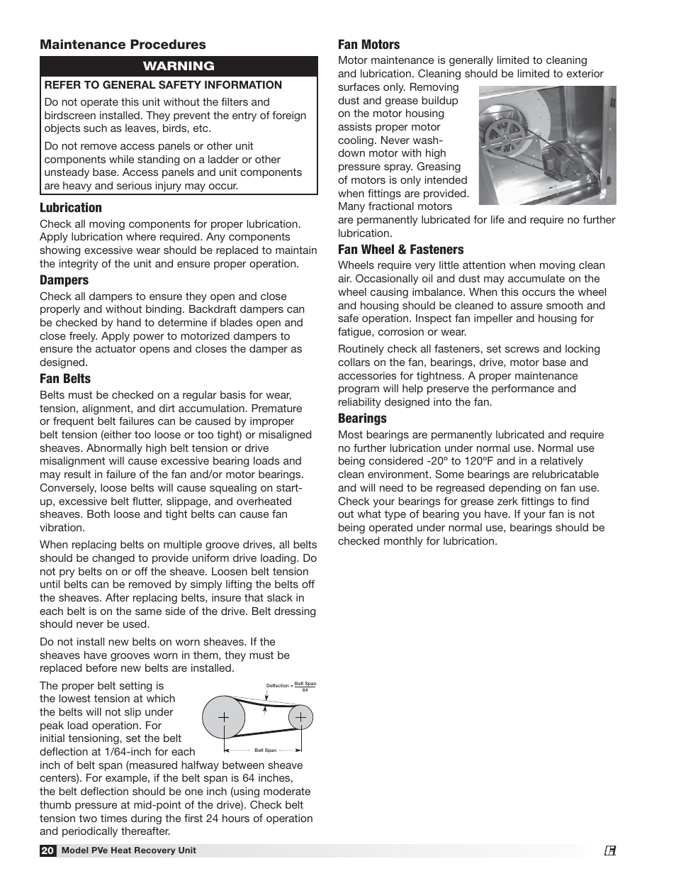Fan motors, Fan wheel & fasteners, Bearings | Maintenance procedures lubrication, Dampers, Fan belts | Greenheck PVe (472846) User Manual | Page 20 / 24