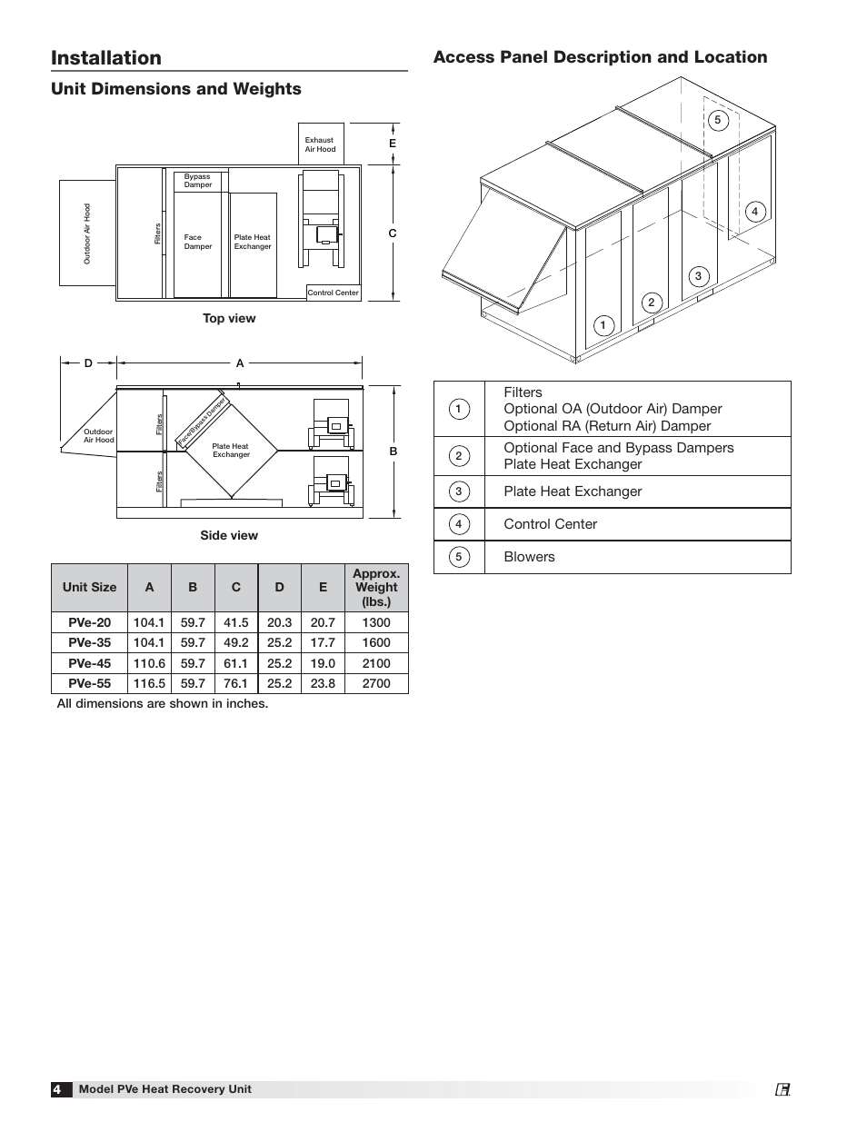 Installation, Unit dimensions and weights, Access panel description and location | Greenheck PVe (472846) User Manual | Page 4 / 24