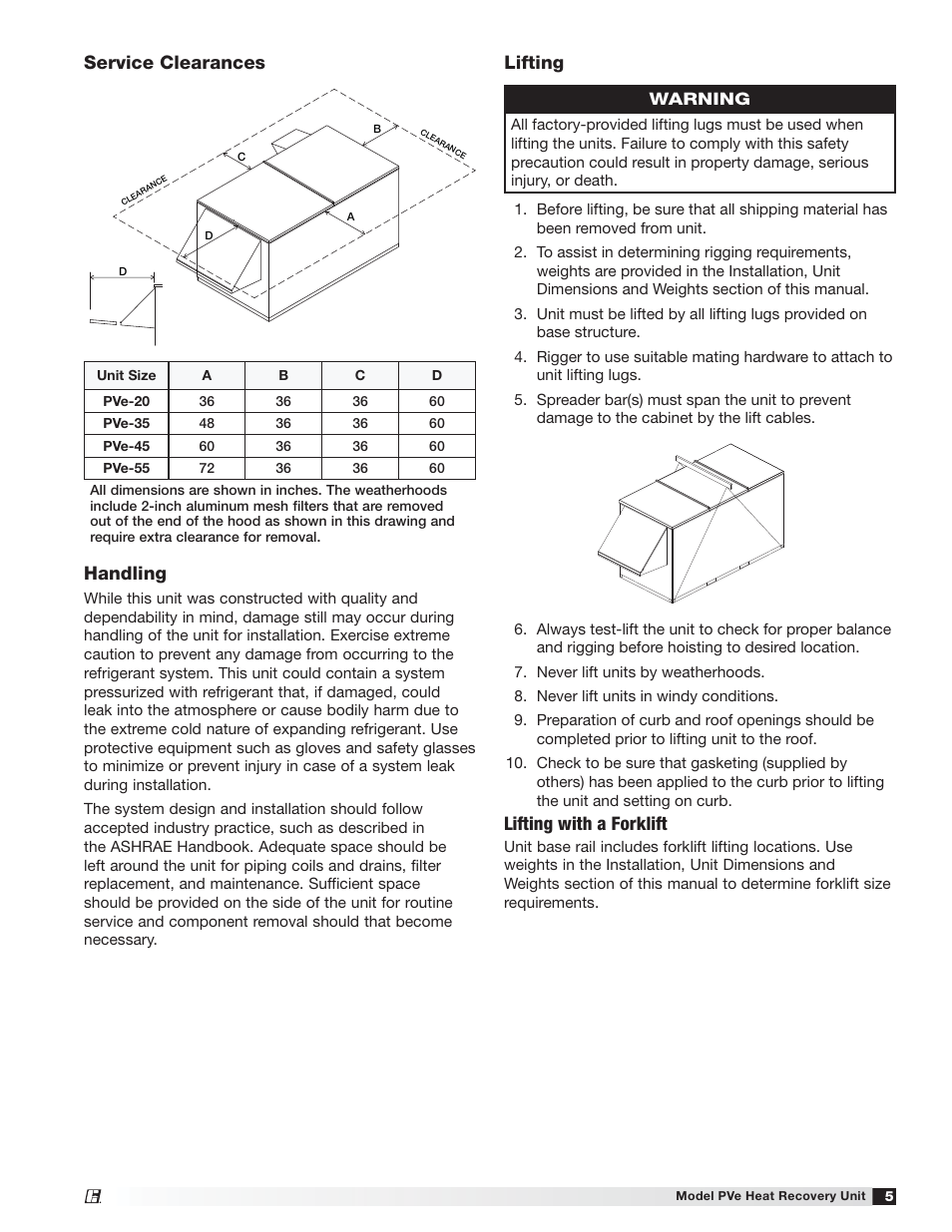 Lifting with a forklift, Service clearances, Lifting | Handling | Greenheck PVe (472846) User Manual | Page 5 / 24