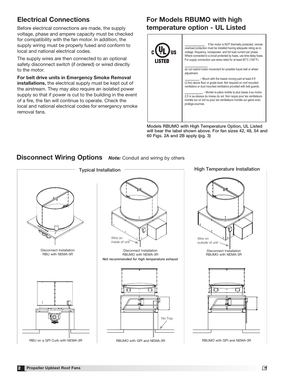 Disconnect wiring options, Electrical connections | Greenheck RDU/RBU/RBUMO (455700) User Manual | Page 2 / 8