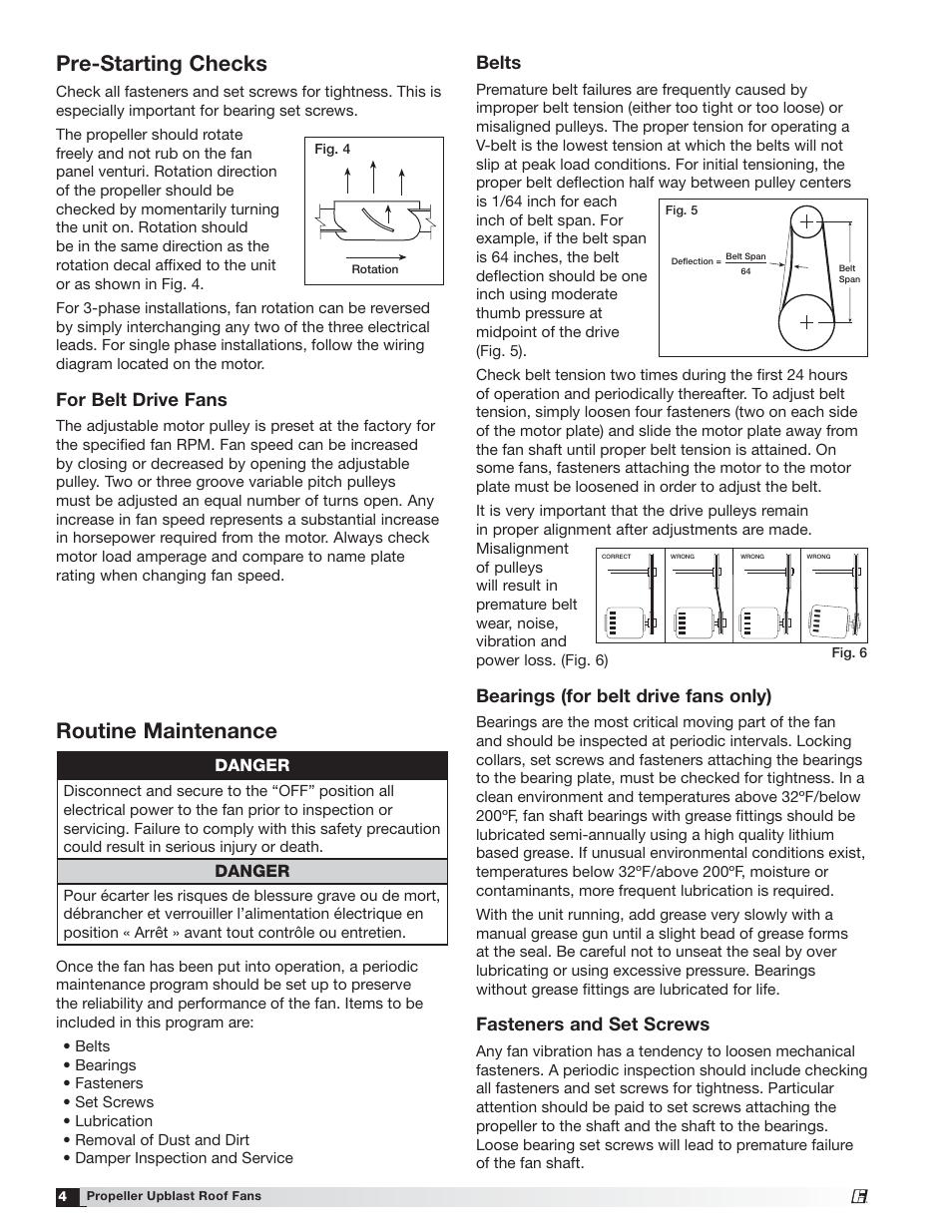 Routine maintenance, Pre-starting checks, For belt drive fans | Belts, Bearings (for belt drive fans only), Fasteners and set screws, Danger | Greenheck RDU/RBU/RBUMO (455700) User Manual | Page 4 / 8