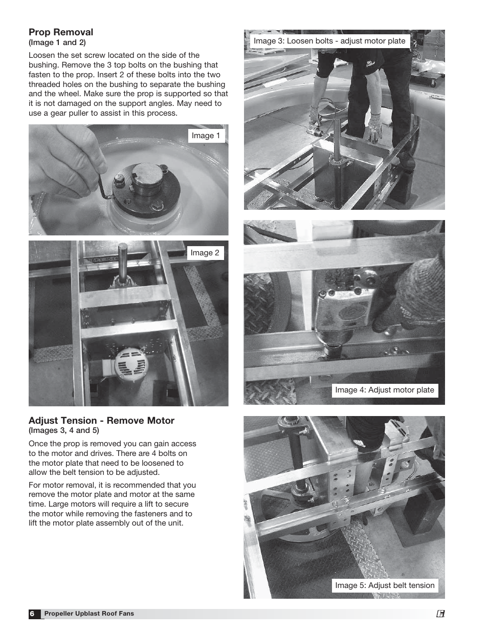 Adjust tension - remove motor, Prop removal | Greenheck RDU/RBU/RBUMO (455700) User Manual | Page 6 / 8