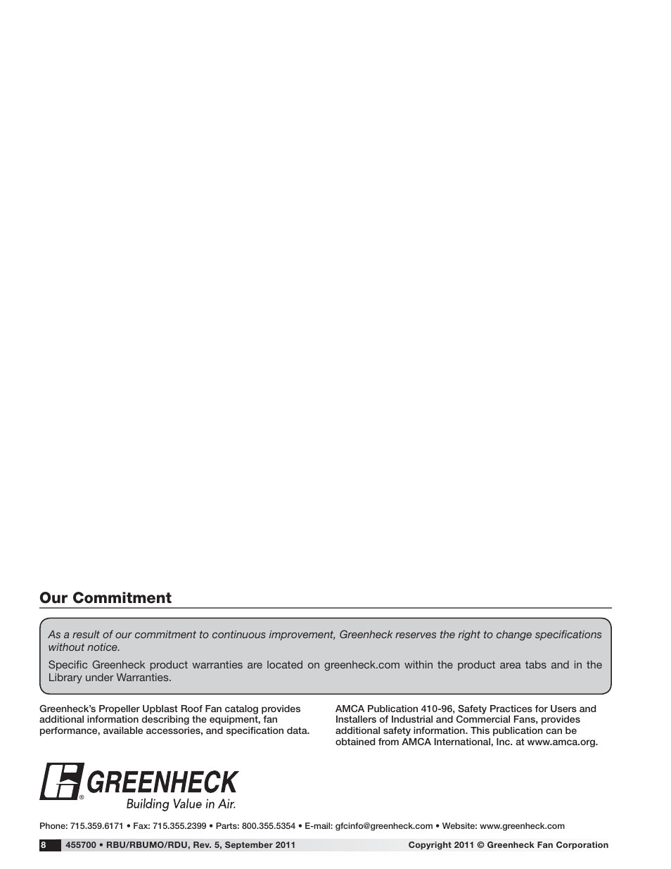Our commitment | Greenheck RDU/RBU/RBUMO (455700) User Manual | Page 8 / 8