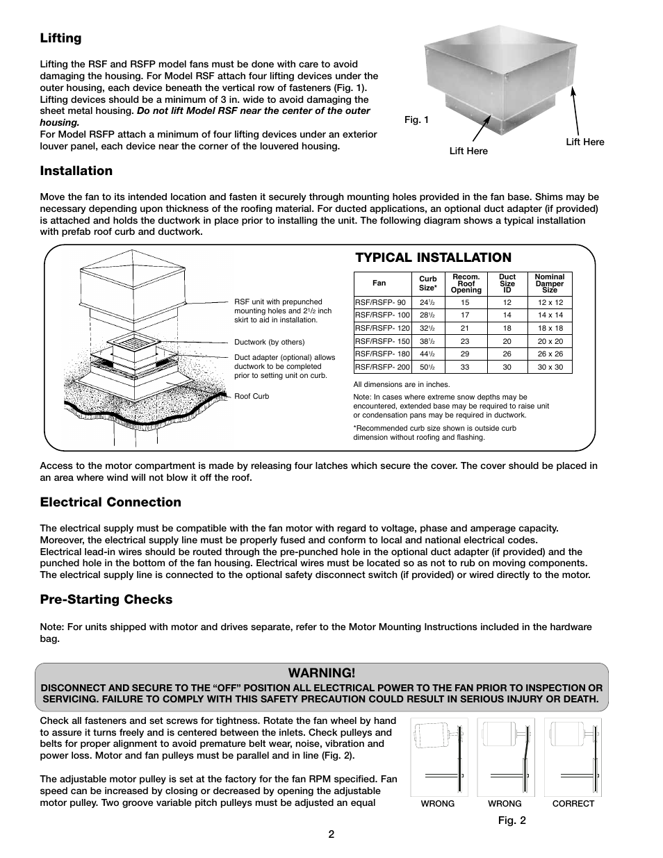 Lifting, Installation, Electrical connection | Pre-starting checks, Typical installation, Warning, Fig. 2 | Greenheck RSF/RSFP (453148) User Manual | Page 2 / 4