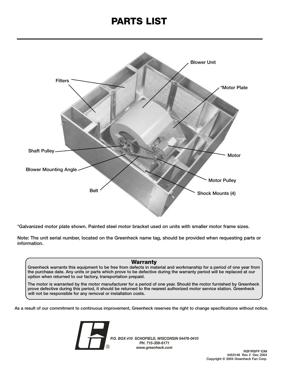 Greenheck, Parts list | Greenheck RSF/RSFP (453148) User Manual | Page 4 / 4