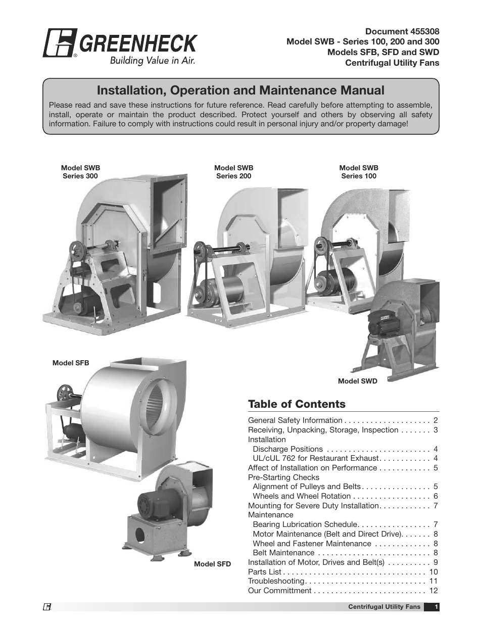 Greenheck SFD, SFB, SWB and SWD (455308) User Manual | 12 pages