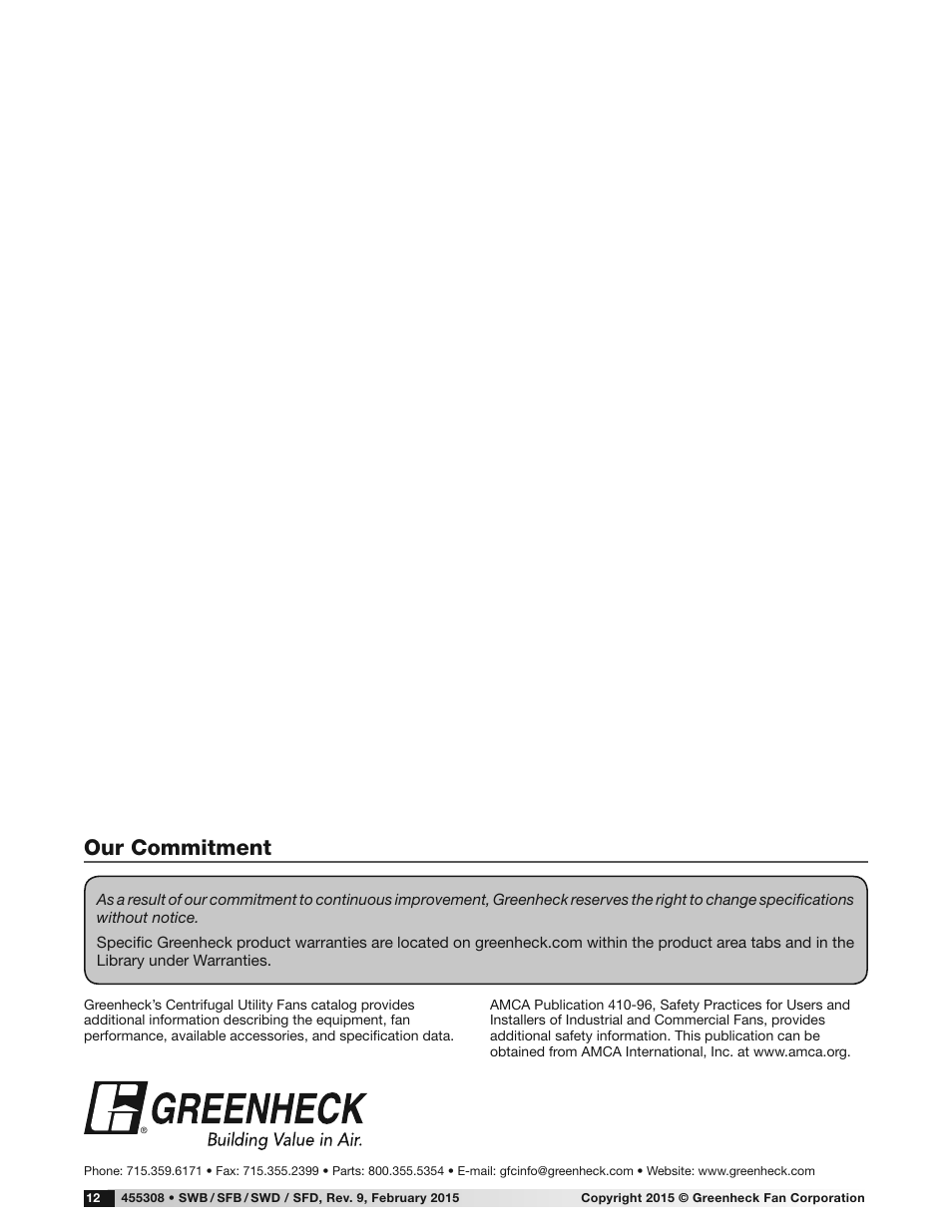 Our commitment | Greenheck SFD, SFB, SWB and SWD (455308) User Manual | Page 12 / 12
