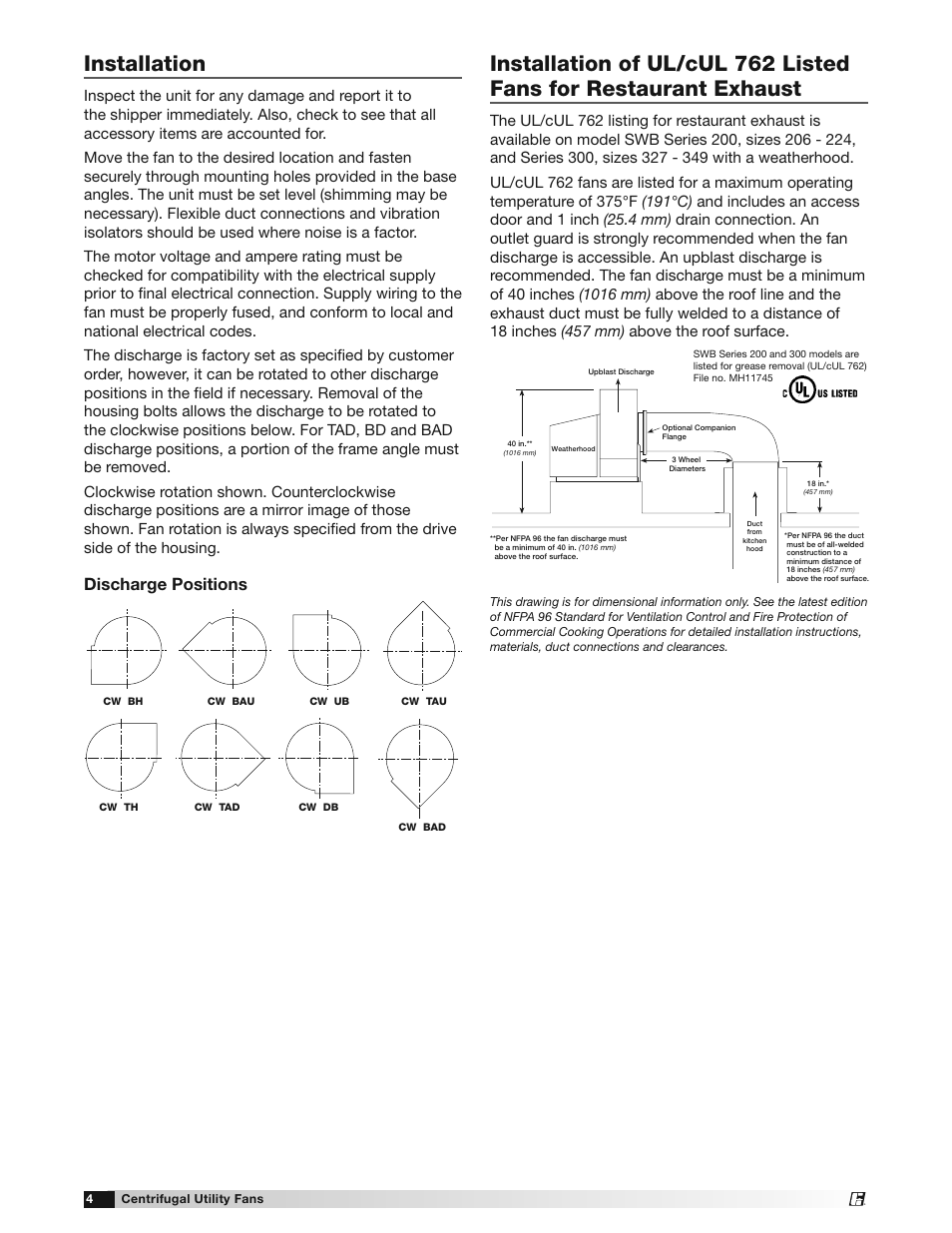 Installation, Discharge positions | Greenheck SFD, SFB, SWB and SWD (455308) User Manual | Page 4 / 12