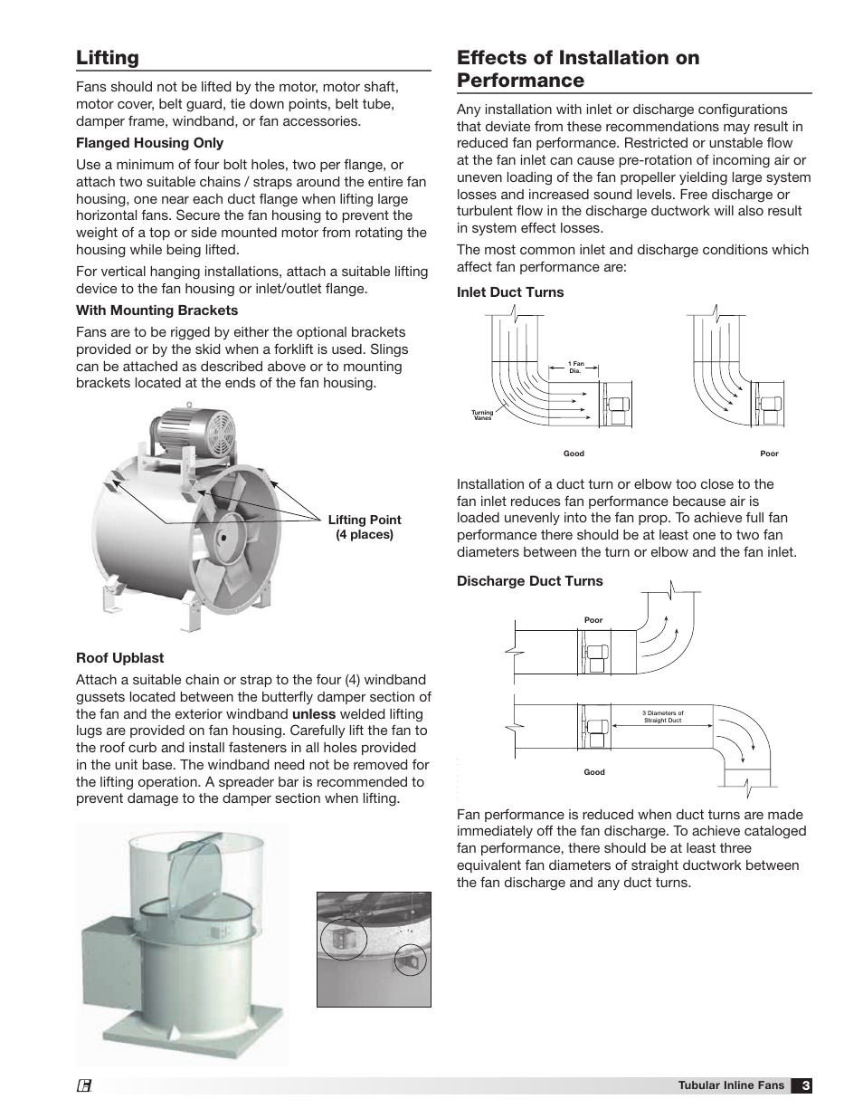 Lifting, Effects of installation on performance, Lifting point (4 places) 3 | Greenheck TBI-FS/TBI-CA/TDI (460983) User Manual | Page 3 / 8
